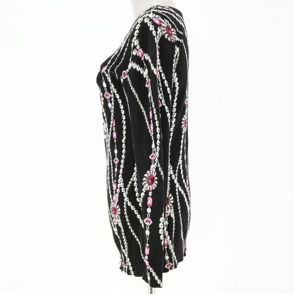 Cache Sweater Womens Medium Black Pink Low Cut Out Jewelry Print Pullover - Picture 11 of 11